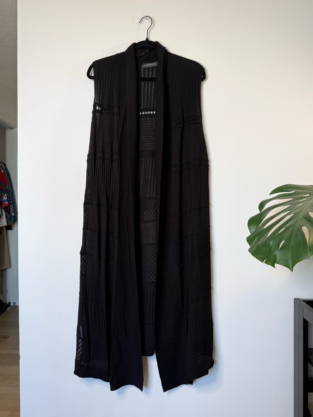 Long Black Open Knit Duster Vest - women’s one size